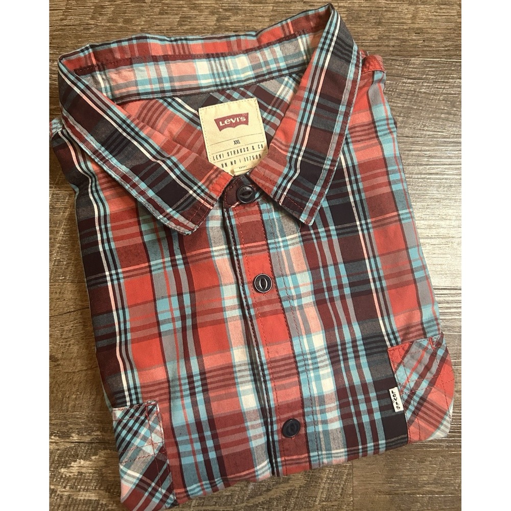 Levi's Men's 2XL Plaid Short Sleeve Button-Up Shirt Red Blue White Casual